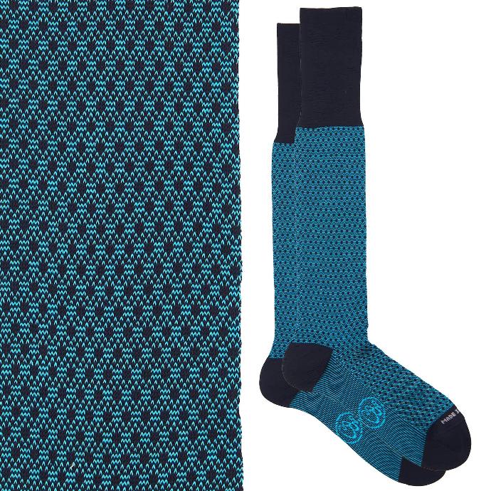 Calza lunga cotone Filo di Scozia con polsino inglese fondo blu Principe di Galles - CELESTE SORGENTE