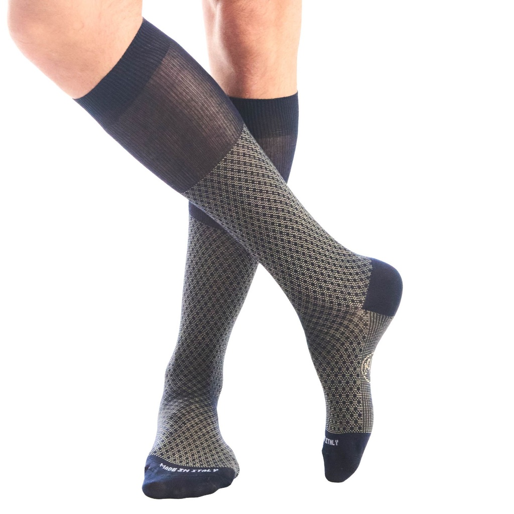 Calza lunga cotone Filo di Scozia con polsino inglese fondo blu Principe di Galles - GIALLO DESERTO