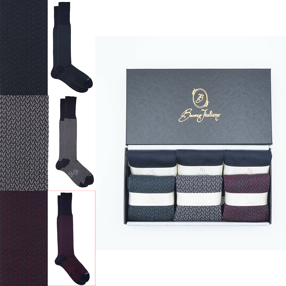 Box 6 paia miste calza lunga Filo di Scozia Spigato con polsino inglese - Verde scuro LARICE, Grigio CENERE, Rosso scuro BAROLO e Tinta Unita