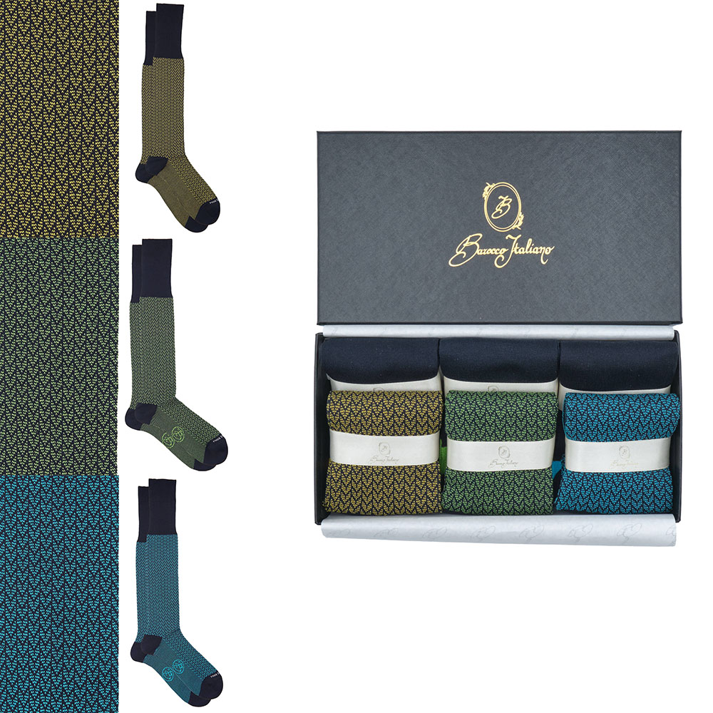 Box 6 paia miste calza lunga Filo di Scozia Spigato con polsino inglese - Giallo SOLE, Verde PRATO, Celeste SORGENTE e Tinta Unita