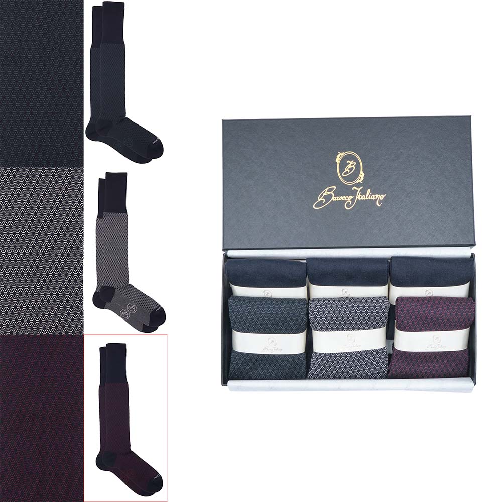 Box 6 paia miste calza lunga Filo di Scozia Principe di Galles con polsino inglese - Verde scuro LARICE, Grigio CENERE, Rosso scuro BAROLO e Tinta Unita