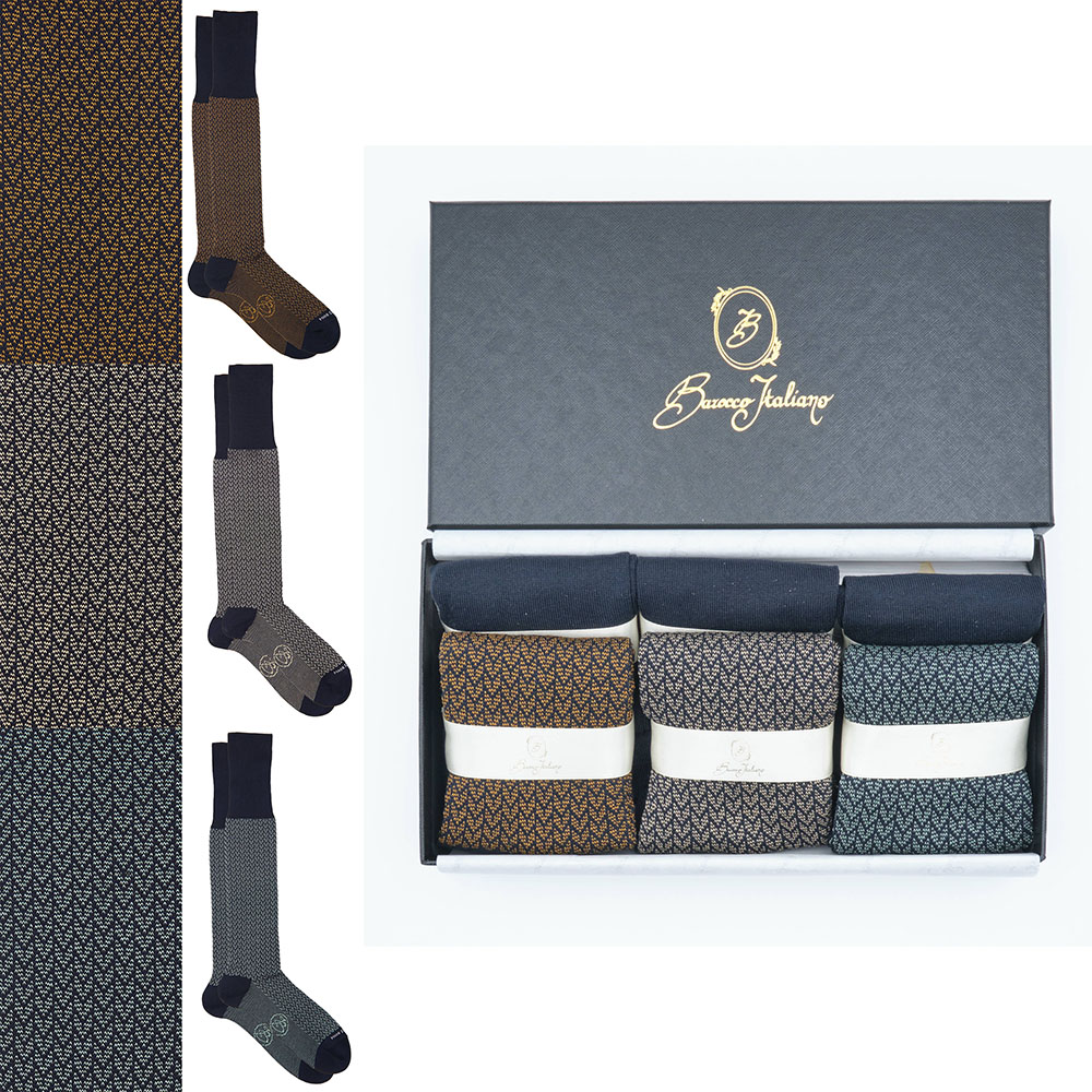 Box 6 paia miste calza lunga Filo di Scozia Principe di Galles con polsino inglese - Verde chiaro MENTA, Marrone ROVERE, Giallo DESERTO e Tinta Unita