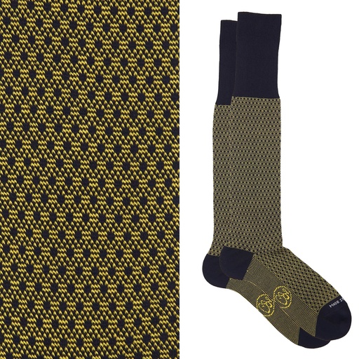 Calza lunga cotone Filo di Scozia con polsino inglese fondo blu Principe di Galles - GIALLO SOLE