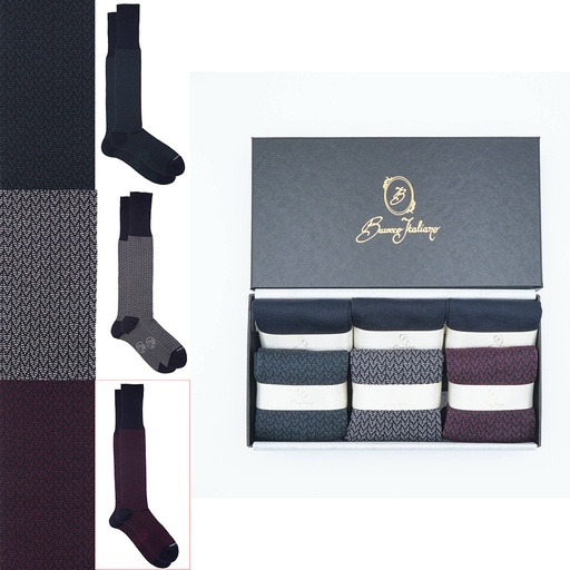 Box 6 paia miste calza lunga Filo di Scozia Spigato con polsino inglese - Verde scuro LARICE, Grigio CENERE, Rosso scuro BAROLO e Tinta Unita