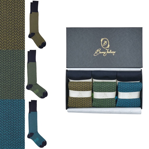 Box 6 paia miste calza lunga Filo di Scozia Spigato con polsino inglese - Giallo SOLE, Verde PRATO, Celeste SORGENTE e Tinta Unita