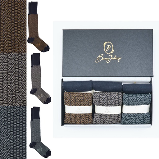 Box 6 paia miste calza lunga Filo di Scozia Principe di Galles con polsino inglese - Verde chiaro MENTA, Marrone ROVERE, Giallo DESERTO e Tinta Unita