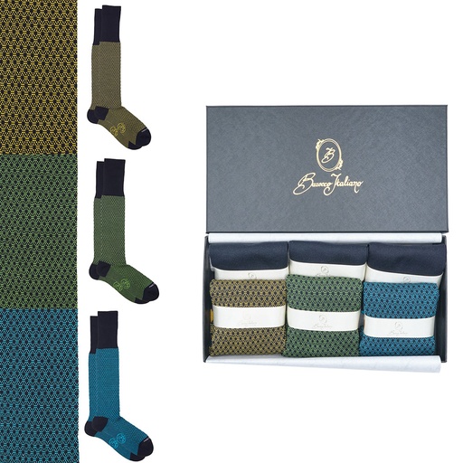 Box 6 paia miste calza lunga Filo di Scozia Principe di Galles con polsino inglese - Giallo SOLE, Verde PRATO, Celeste SORGENTE e Tinta Unita